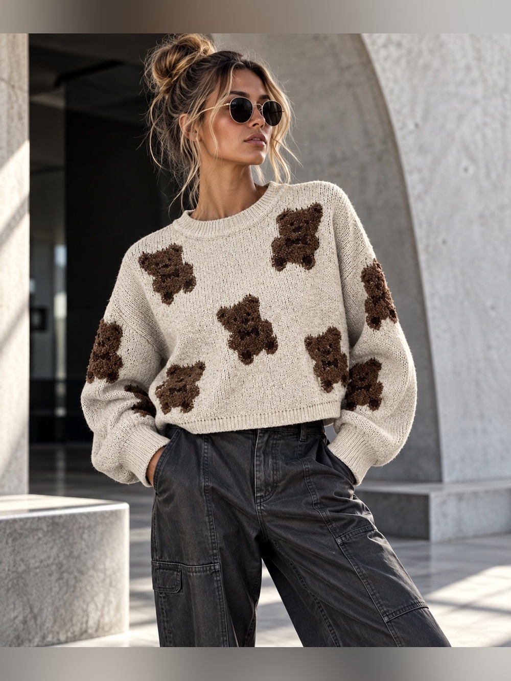 Oak + Meadow Teddy Bear Sweater Women Sz S Chunky Knit Beige Brown Cropped Y2K